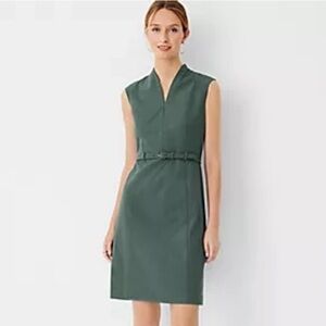 ANN TAYLOR The Belted V-neck Dress In Bi-stretch In Soft Pine